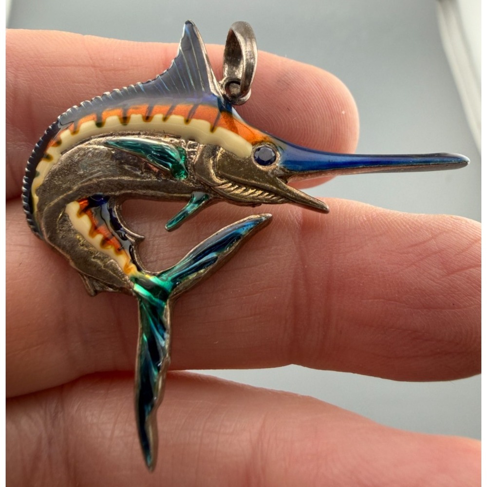 Sterling Silver Enamel Marlin Pendant Reyes Del Mar Miami Retired 1.75" Blue Eye